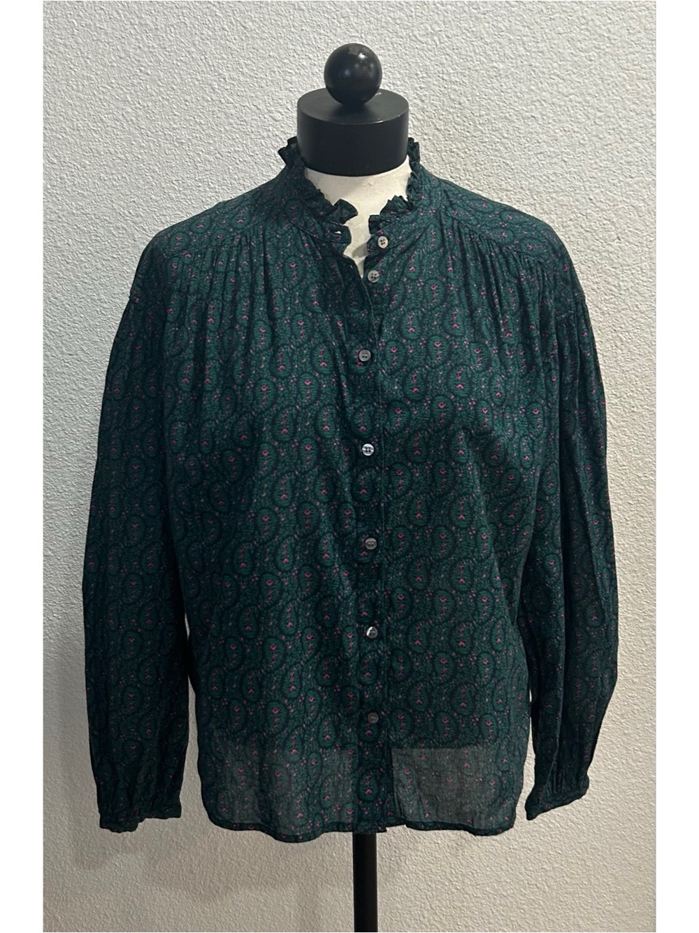 Gap Women’s Green Floral Button Front Peasant Top Blouse Sz Medium Ruffle Cotton